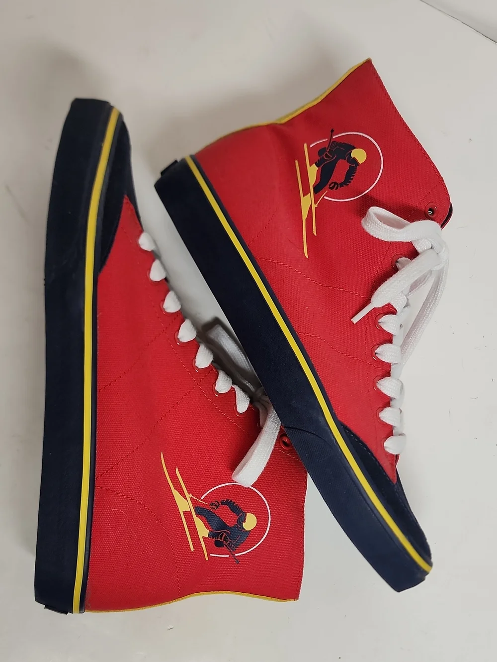 Polo by Ralph Lauren Red Solomon Sz 10.5 High-Top Sneakers with Navy Yellow Trim